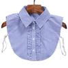 Minimalist Stripes Denim Women Detachable Lapel Fake Collar Cute Doll Ruffles Lace Splicing Button Down False Half Shirt Blouse