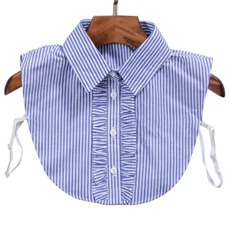 Minimalist Stripes Denim Women Detachable Lapel Fake Collar Cute Doll Ruffles Lace Splicing Button Down False Half Shirt Blouse