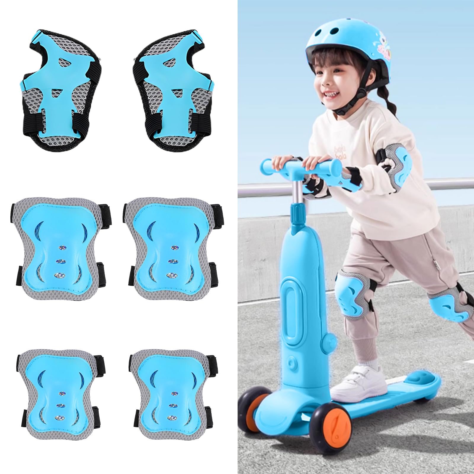 

Комплект защиты Pokmil для возраста включает наколенники для роликов и включает и наколенники включает сумку для хранения Детский 6 предметов 2-12, велосипеды, скейтборды, синий