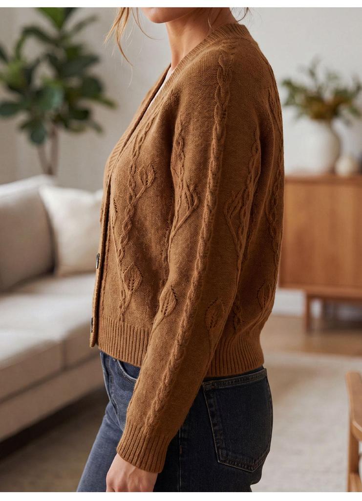2025 Autumn/Winter European Coffee Cable Knit Cardigan, Women's Loose Short Sweater Coat, Casual Style.