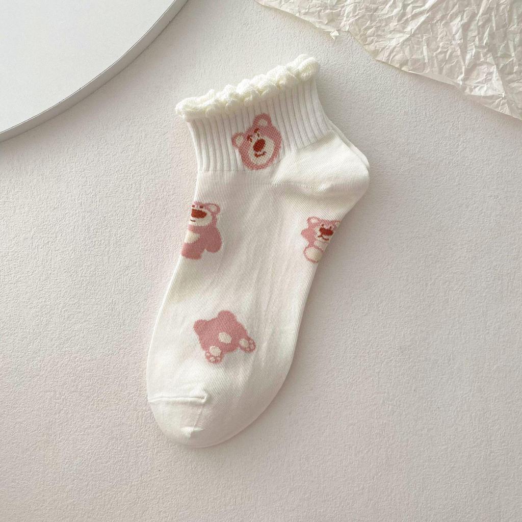 Krótkie damskie skarpetki letnie z Misiem Truskawkowym - Modne, Cienkie, Antypoślizgowe, Deodorantowe skarpetki typu boat