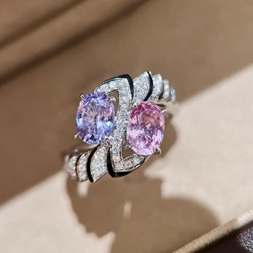 Open Ring French Vintage Pink Purple Double Stone Artdeco Style High Carbon Diamond Women Ring