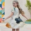 Girls Geometric Printed Round Neck Flutter Sleeve A Line Flared Dress