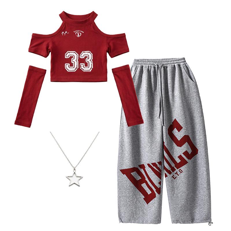 Girls' Korean Style Jazz Dance Outfit: Crop Top Vest & Loose Pants Set