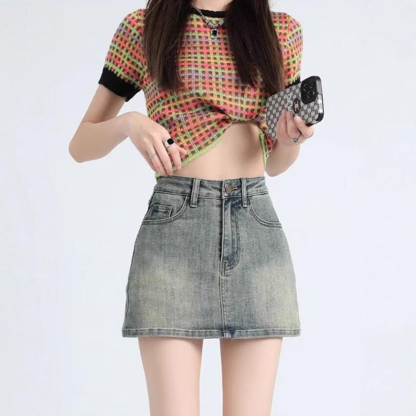 2025 Retro Spicy Girl High Waist A-Line Denim Mini Skirt - Anti-Exposure, Bodycon Fit
