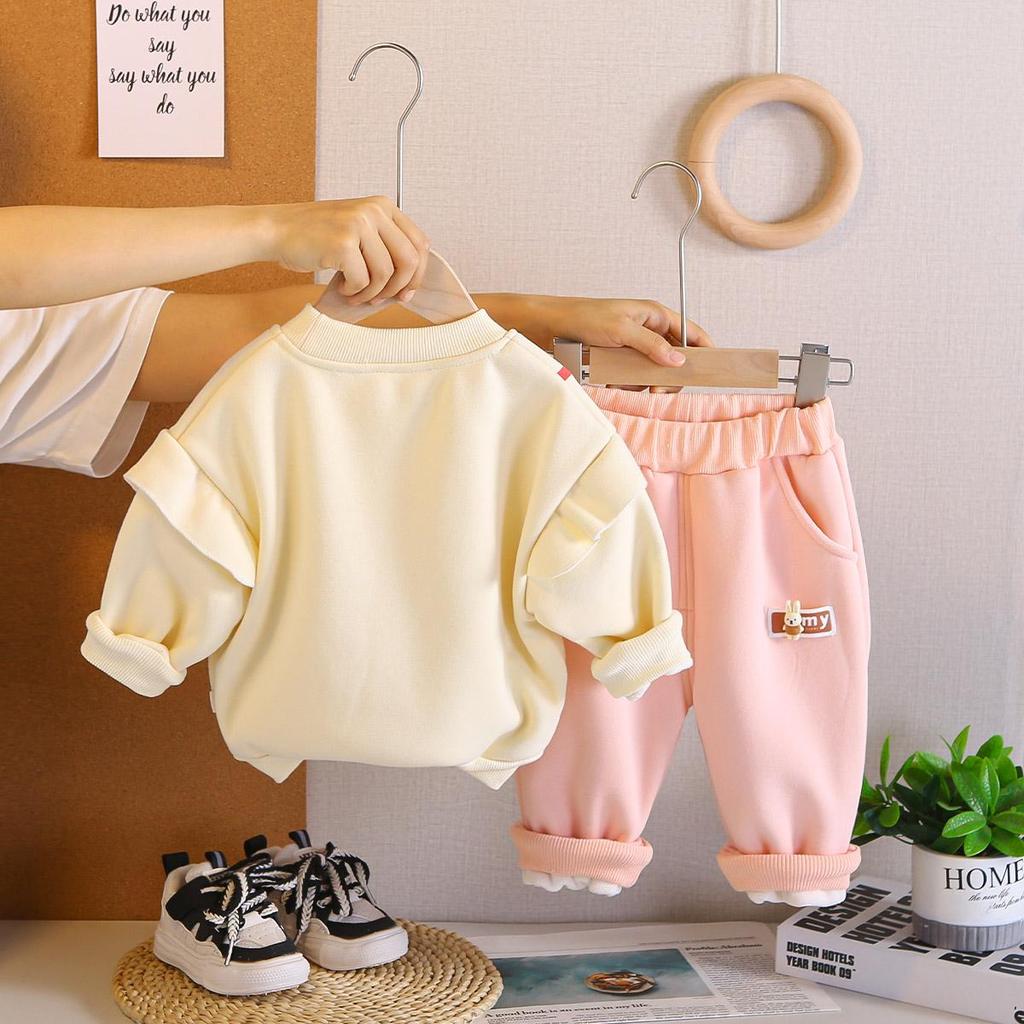 0-5-year-old Girls' Long Sleeved 2-piece Set, Girls' Cute Rabbit Hoodie Set, Girls' Baby Plus Velvet Clothes