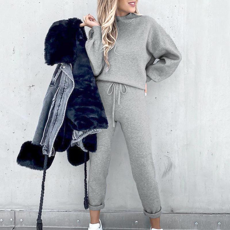 2021 Winter Women's High Neck Casual Loose Solid Hoodie & Trousers Two-Piece Set