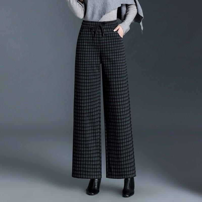 Womens High-Waisted Wide-Leg Wool Blend Plaid Trousers Fall Winter 2026 Loose Straight Cut Comfortable Casual Pants