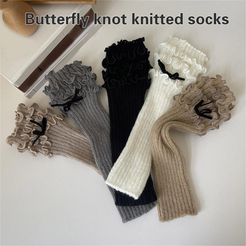 Ribbed Knit Boot Cuffs Footless Socks with Elegant Bows Designs for Women Layered Ruffle Edge Leg Warmers Streetwear
