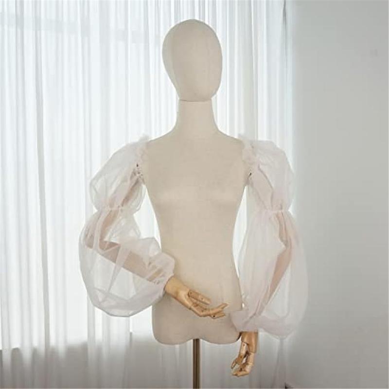 Elegant Tulle Bishop Sleeve False Sleeves Sheer Stage Costume Accessory White Ruffled Long Sleeve for Wedding