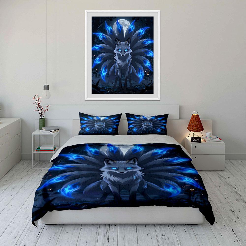 Mystical Blue Nine-Tailed Fox Bedding Duvet Cover Set  (1*Duvet Cover 2*Pillowcases, Without Duvet Insert)