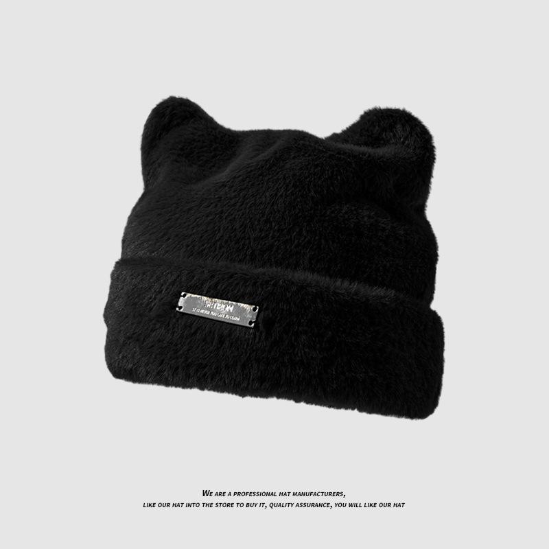 Cute Bear Ears Plush Hat Women's Thickened Warm Ear Protection Woolen Hat Large Head Circumference Versatile Baotou Knitted Hat
