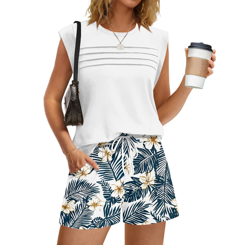 Women's Casual Fashion Crewneck Pleated Hawaiian Print Shorts Set