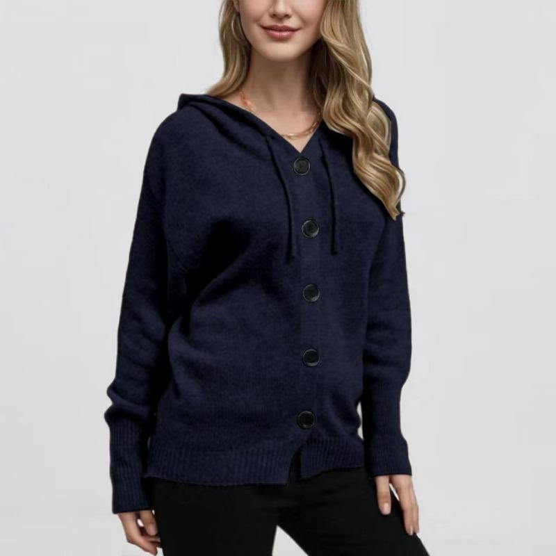 Nowy kardigan z kapturem zapinany na jeden guzik Jesień i Zima Dekolt w serek Jednolity kolor