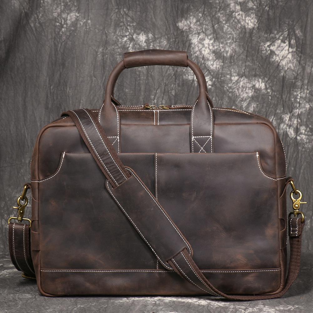 Retro Men'S Bag, Genuine Leather Men'S Laptop Bag, Crazy Horse Leather One-Shoulder Messenger Business Bag, Cowhide Briefcase.