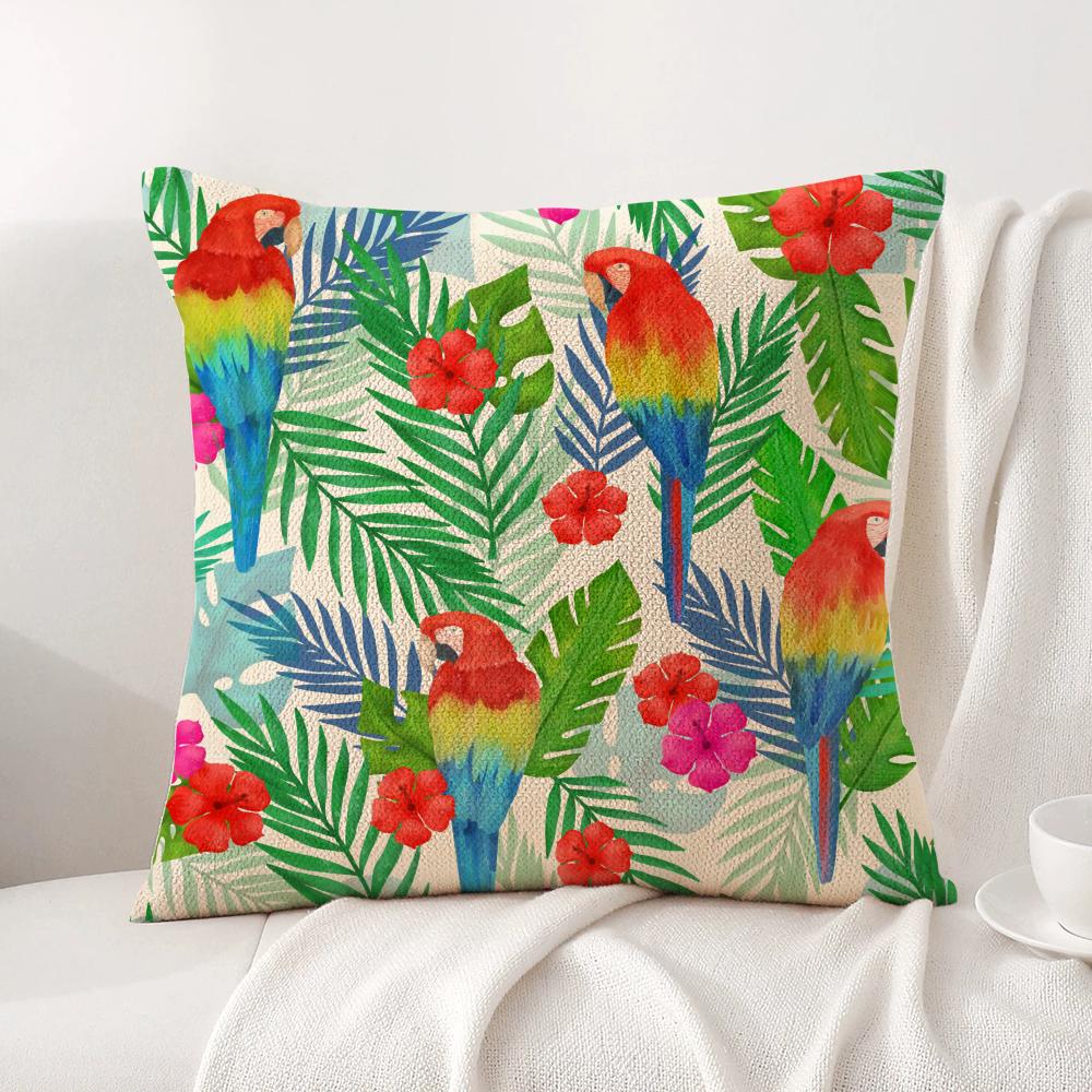 Tropical Parrots Flowers Palm Leaves Cushion Cover Natural Linen Organic Fabric DoubleSided Printing Breathable Perfect Decor