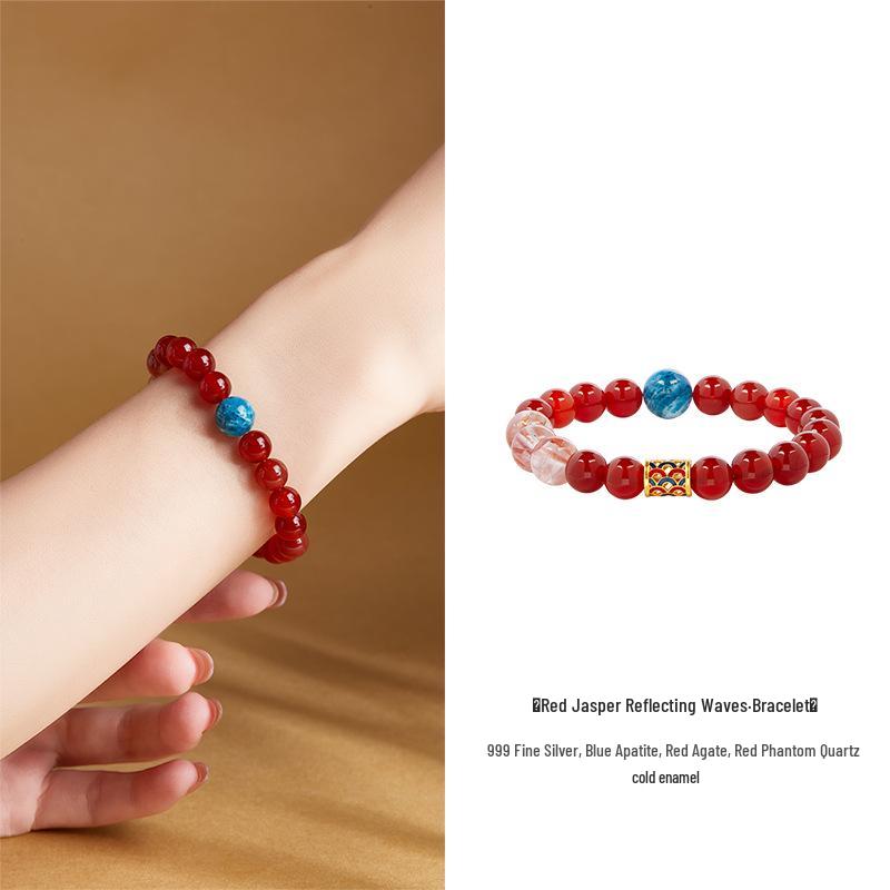

999 Sterling Silver Red Agate and Blue Apatite Bead Bracelet with Crystal Flower - Women s New Year Gift, Chinese Style 925 Silver