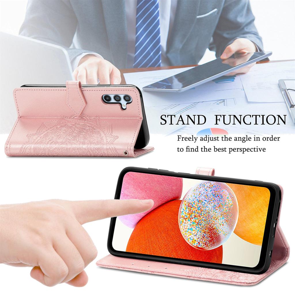 For Samsung Galaxy A14 5G/A14 4G Case Stand Embossed Mandala Pattern PU Leather Wallet Cover with Strap