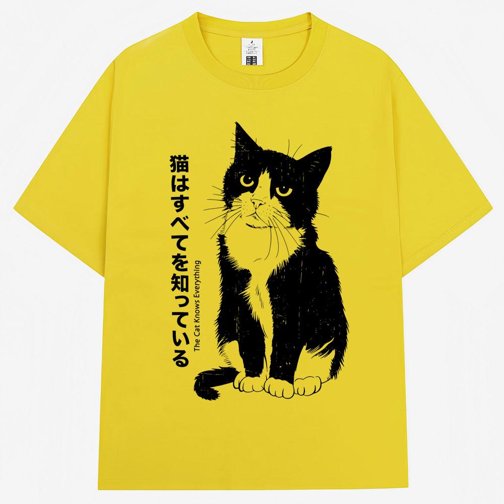 Japanese Style Funny Black Kawaii Cat Anime T Shirts Men Women Trendy Vintage Harajuku Tshirt Oversized Cotton Tees Streetwear