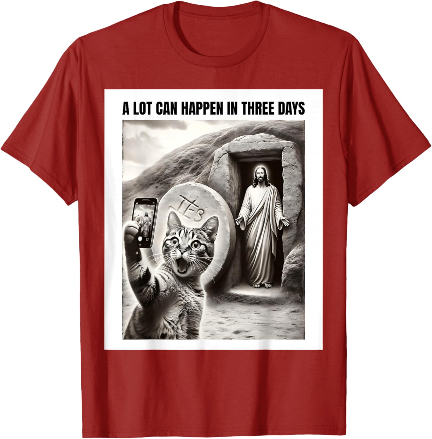 

Funny Easter Jesus Resurrection Cat Selfie Meme Graphic Tee Casual Round Neck Cotton T-Shirt S