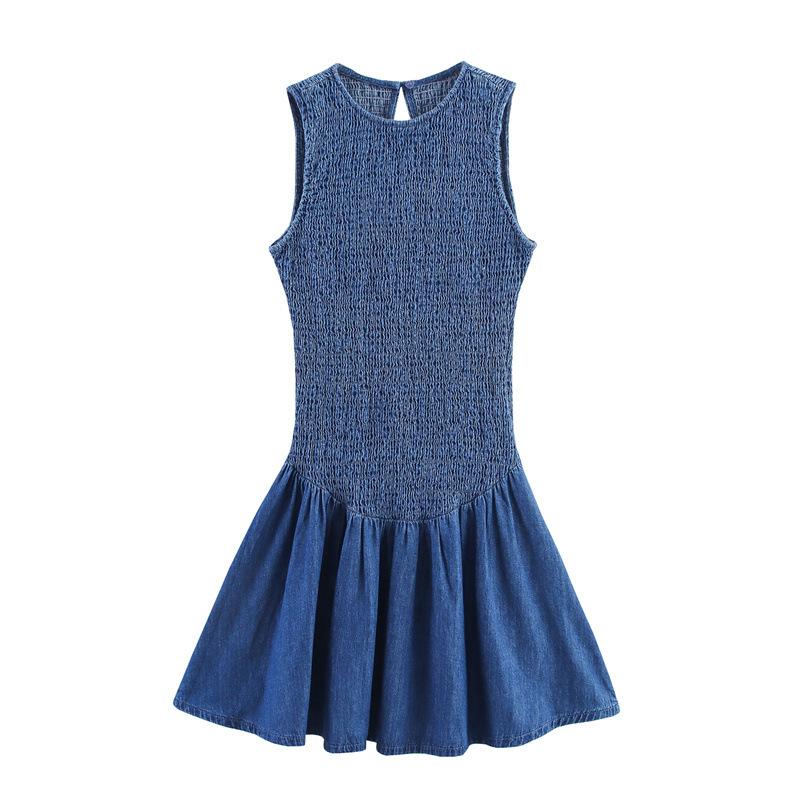 Women's Round Neck Sleeveless Mini Dress Slim Fit Mid Waist Shirred Denim Sundress