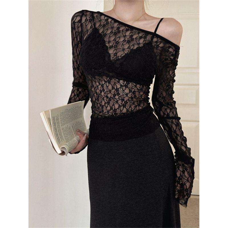

Spicy Style Sexy Lace See-through Hollow Long Sleeve Women s Autumn Winter Slim Short Top Small чорний