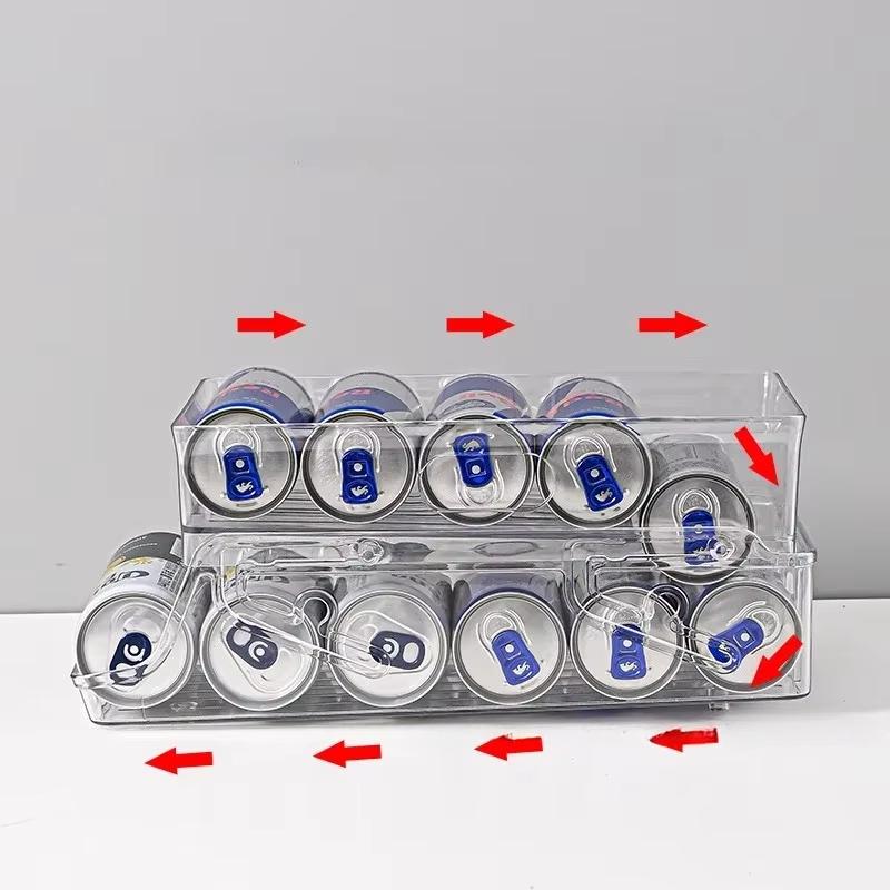 Refrigerator Beverage Holder Automatic Rolling Refrigerator Organizer Box 2-Layer Can Holder Dispenser Clear Stackable Can