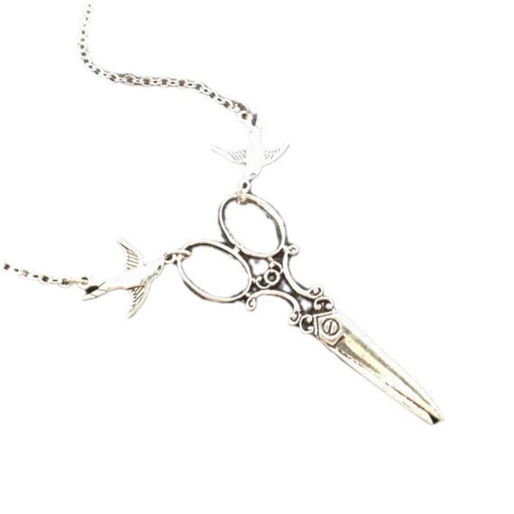 Gothic Steampunk Sliver Color Double Swallow Scissors Pendant Necklace for Women Fashion Collar Chain Jewelry Accessories Gifts