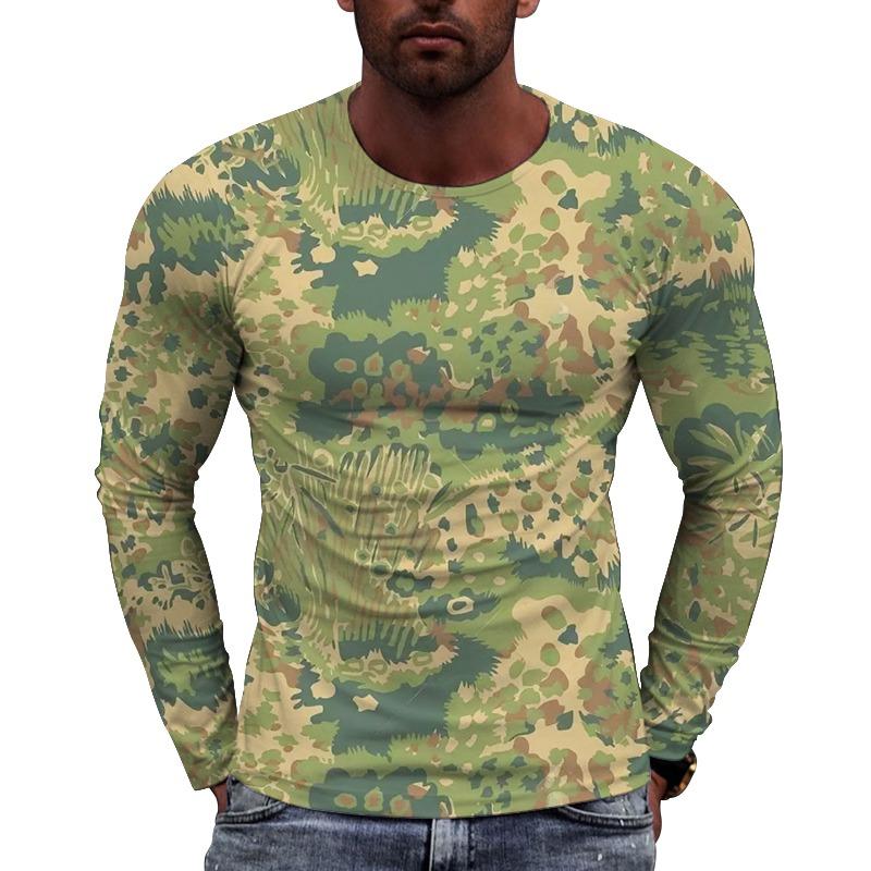 Men's Camouflage Printed Long Sleeve T-shirt European Size Casual round Neck Top Trendy Autumn Wear