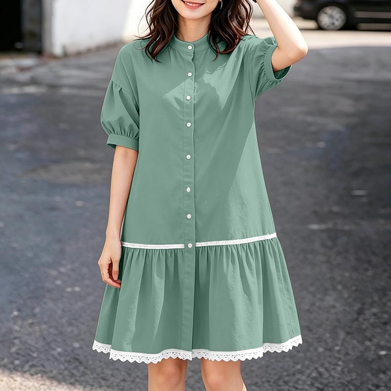 ZANZEA Women Stand Collar Summer Lace Splice Hem Loose Half Sleeve Dress