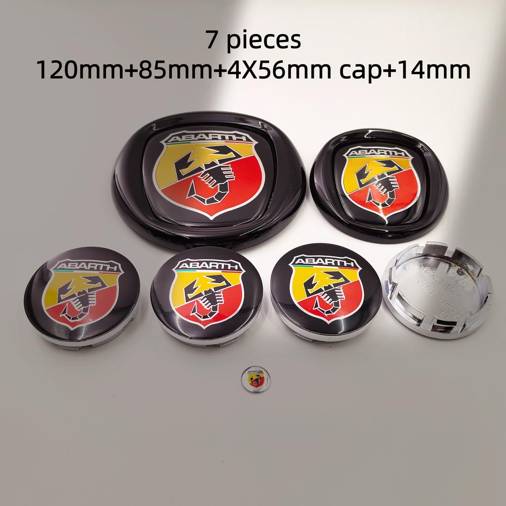 8pcs fiat Abarth Car Front grill front Rear Bumper tail door trunk Emblem 85/95/100/120mm Wheel Center Hub Cap Badge Rim Cover