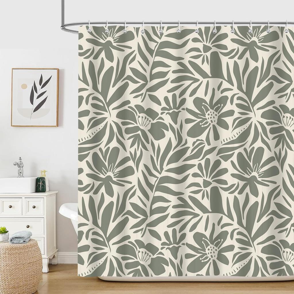 Pink Gray Flowers Shower Curtain, Daisy Floral Simple and Fresh Elegance Plants Cloth Rustic Farmhouse Bathroom Decor Sets,