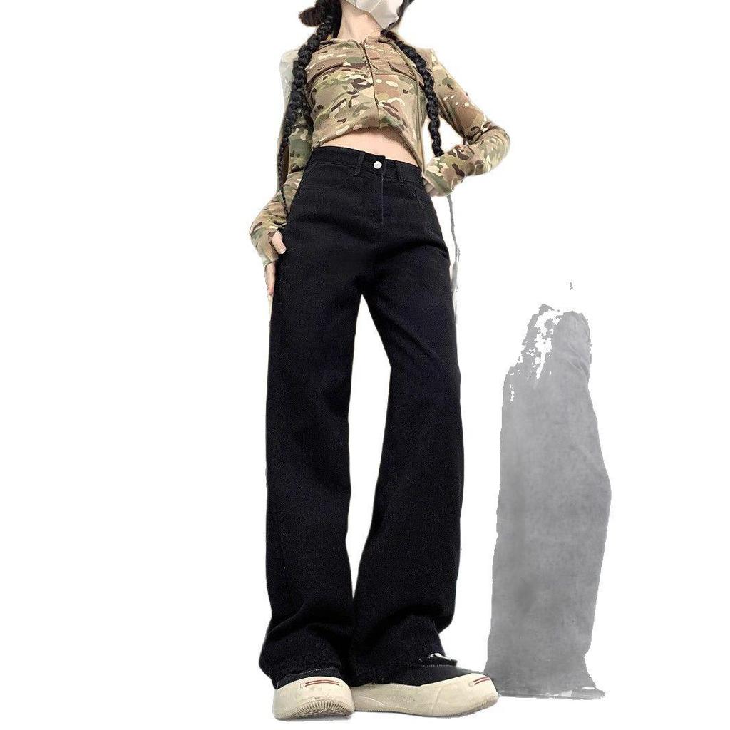 Women's Plus Size Black High-Waist Wide-Leg Jeans - Loose Drapey Straight Leg, Floor-Length, Spring/Autumn 2025 Fashion.