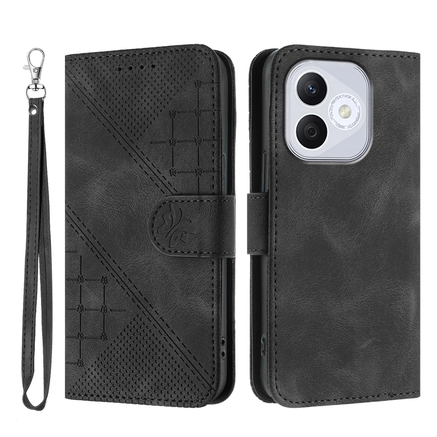 

For Honor 400 Lite Leather Wallet Case Butterfly Flower Imprinted Phone Cover with Strap Black