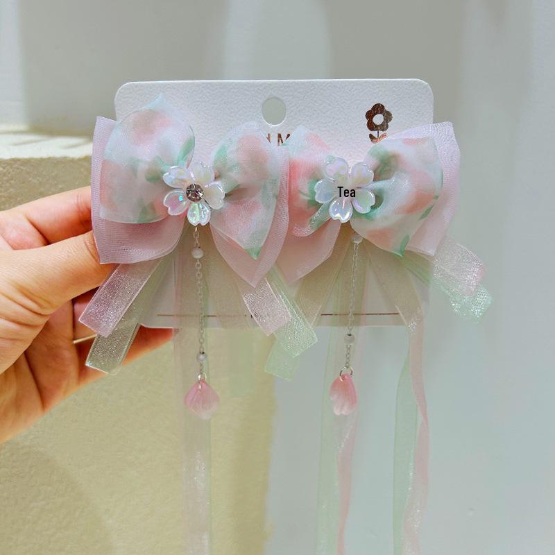 Podoabă de păr Hanfu de zână pentru copii: Clips de păr drăguț cu fundă, ciucure și panglică
