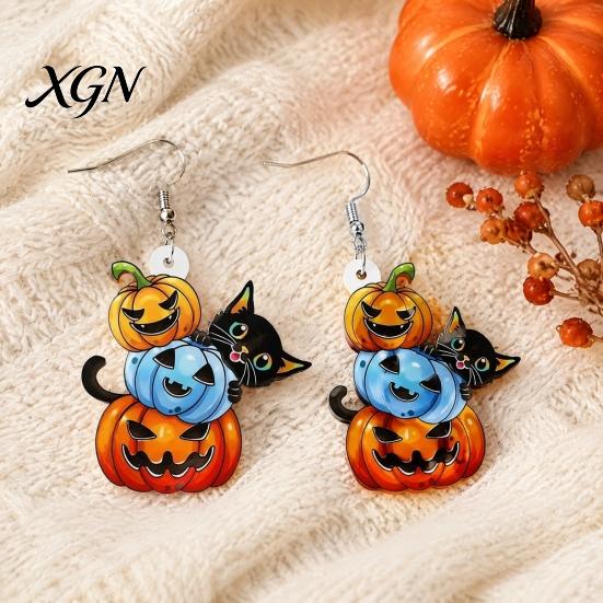 Fun Autumn Seasonal Jewelry 1 Pair Halloween Drop Dangle Earrings for Women, Acrylic Pumpkin Hypoallergenic Sensitive Ears Black Cat Earrings, Holiday