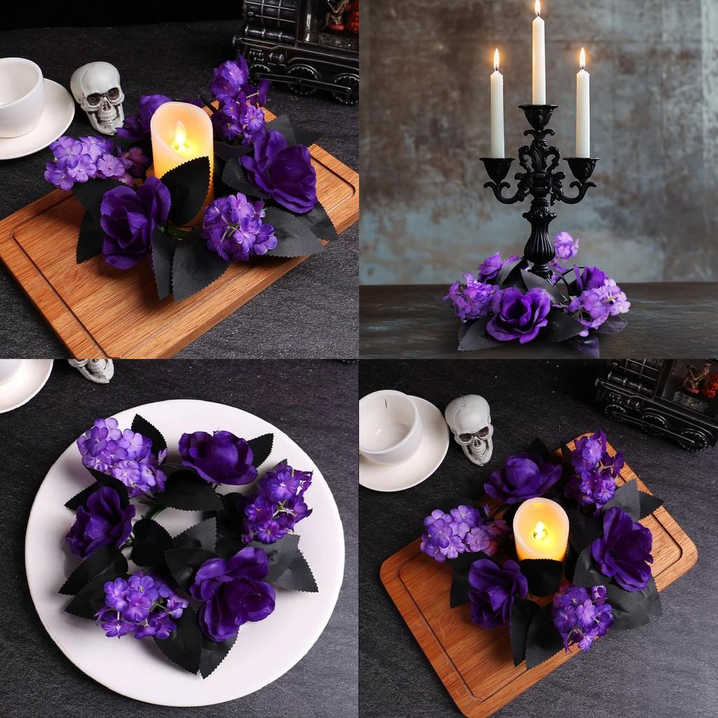 Halloween Purple Rose Candle Ring Decor With Synthetic Flowers For Venue Decoration And Festive Display
