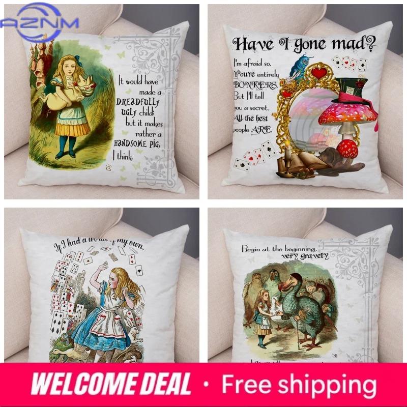 Alice In Wonderland Cushion Cover Cute Rabbit Cat Printed Sofa Pillow Vintage Home Decorative Pillow Case for Children Room