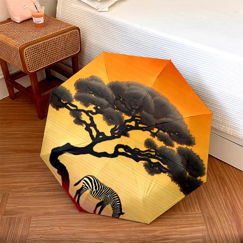 1 PC Automatic Folding Umbrella - Zebra Tree Pattern, Portable & Foldable Design with 8 Ribs, Christmas Birthday Gifts