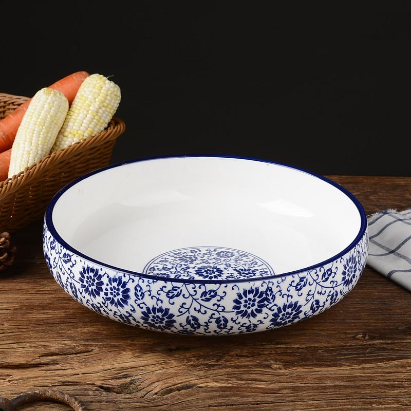 Antique-Style Korean Porcelain Soup Bowl: Blue & White Sauerkraut Fish Design, Daily Tableware, Large Size. 10 inch