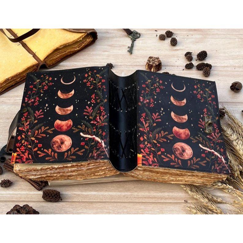 Large Leather Grimoire Journal: Moon Phase Book of Shadows