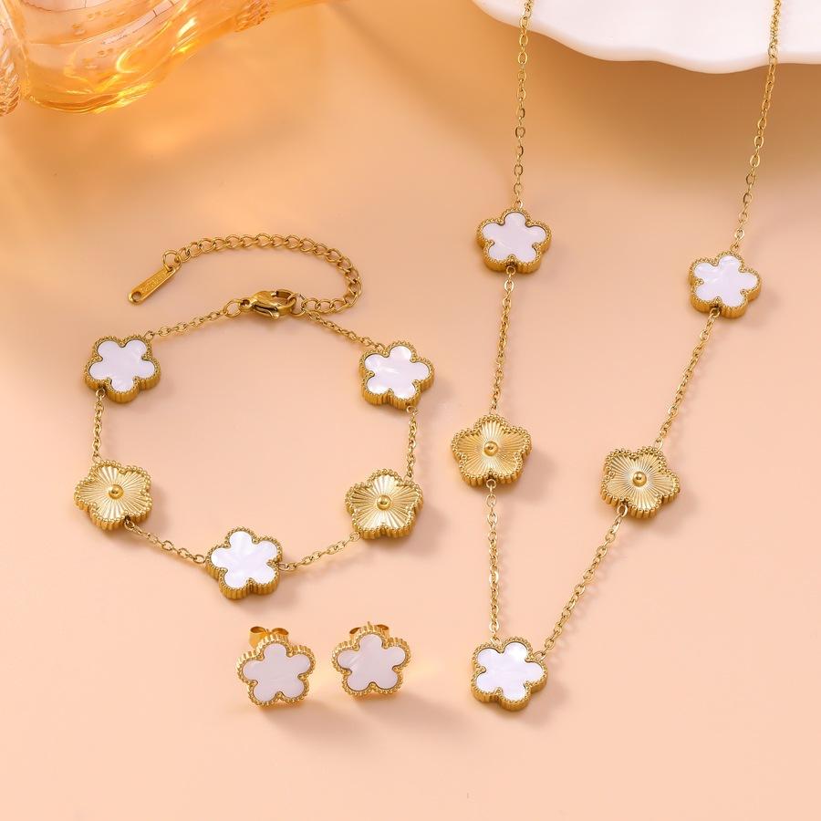 Edelstahl Glück Fünfblättrige Blume Halskette Ohrringe Armband Set für Frauen Freundin Geschenk Schmuck