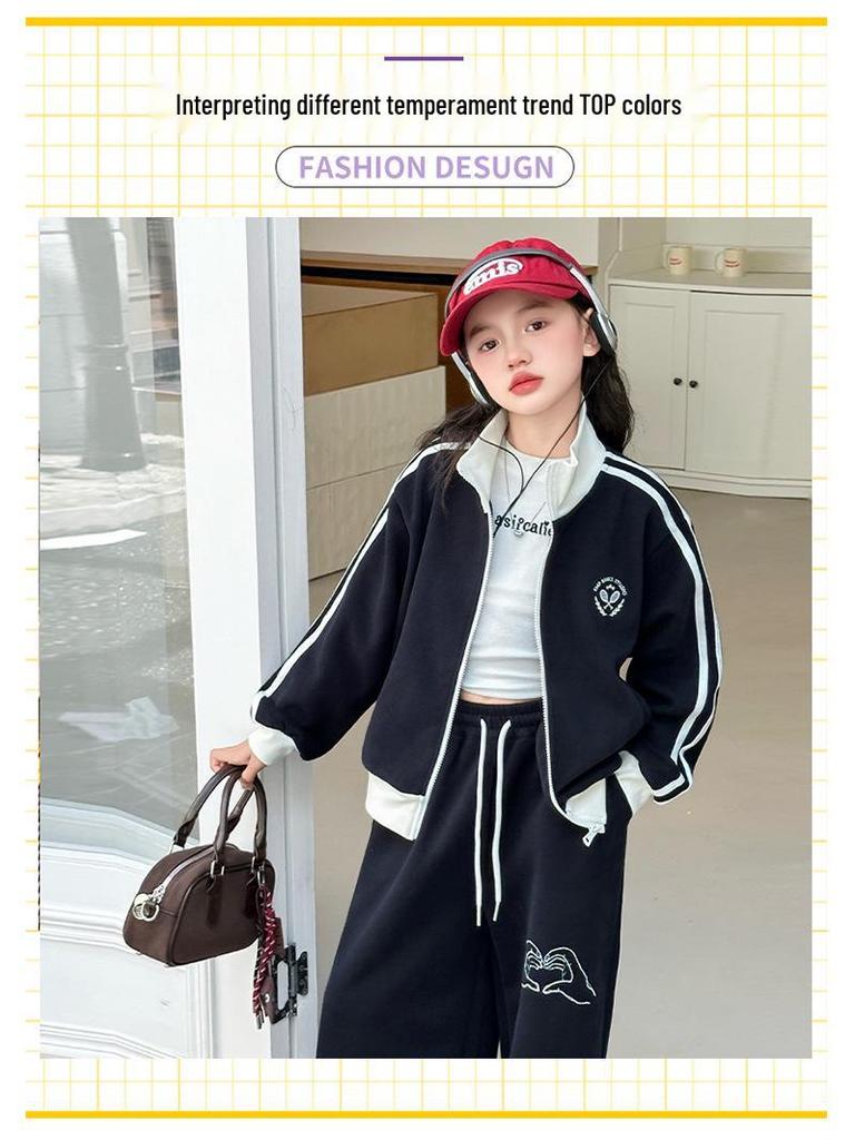 Girls' 2025 Trendy Autumn Two-piece Set: Stand-up Collar Jacket & Wide-leg Pants