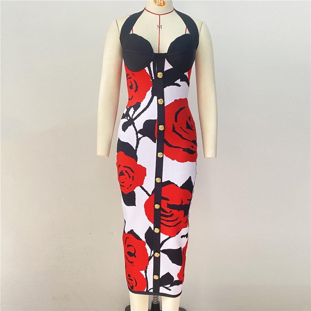 2024 Rose Jacquard Bandage Skirt: Sexy Halter Neck Dress with Gold Buttons