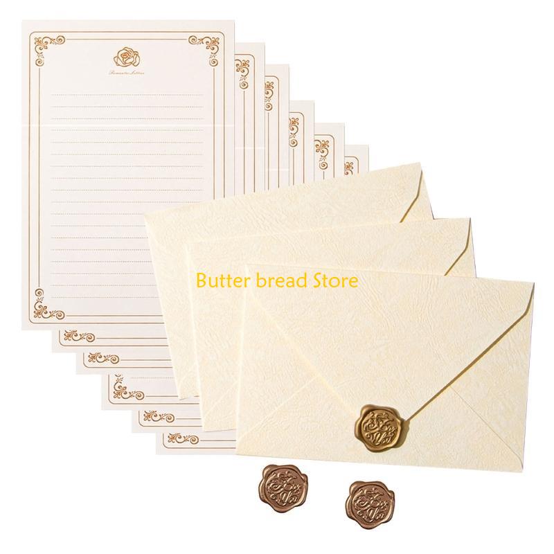 

W89C Vintage Themed Stationery Paper and Envelopes Set Including 6 Lined Writing Paper 3 Envelopes 3 Seal Stamp Sticker