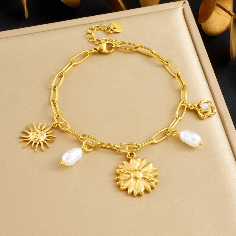 Gold Sunflower Sun Charm Bracelet with Pearl