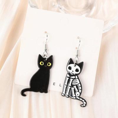 1Pair Halloween Black Cat Exposed Bone Drop Earrings Fashion Acrylic Skull Black Cat for Women Festival Birthday Gift