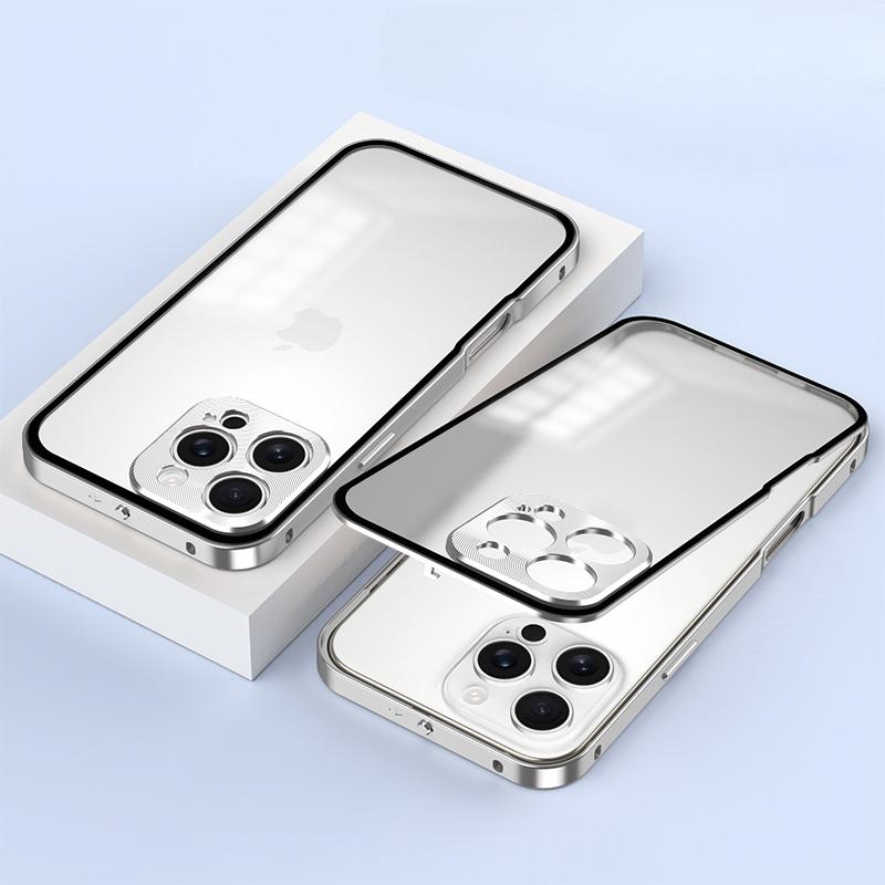 

Протиударний твердий чохол для iphone 16 pro max з алюмінієвого сплаву, металевий каркас, бампер + загартоване скло, броньований чохол для iphone 16pro For iphone 15 Pro Max срібний