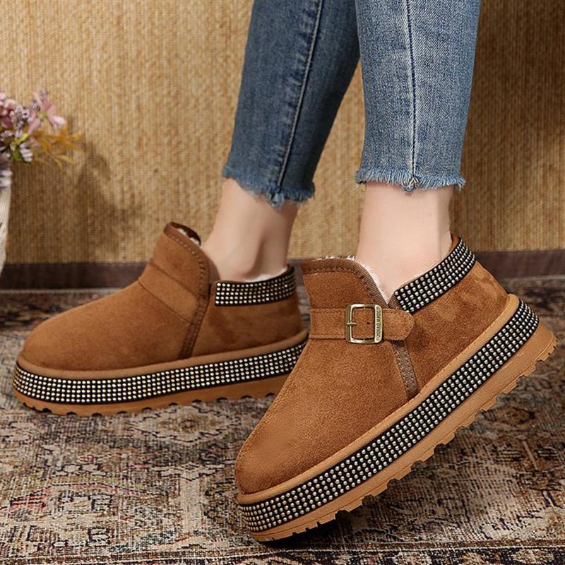 Winter Buckle Detor Ankle Boots Women Fashion Shiny Thick Bottom Snow Boots Woman Faux Suede Short Plush Warm Snow Boots Female