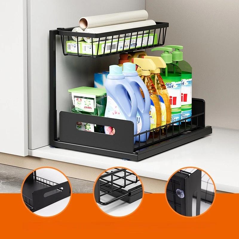 1/2pcs 2-layer sliding sink cabinet, drawer pull-out cabinet, multi-purpose sink storage seasoning rack - ample storage space